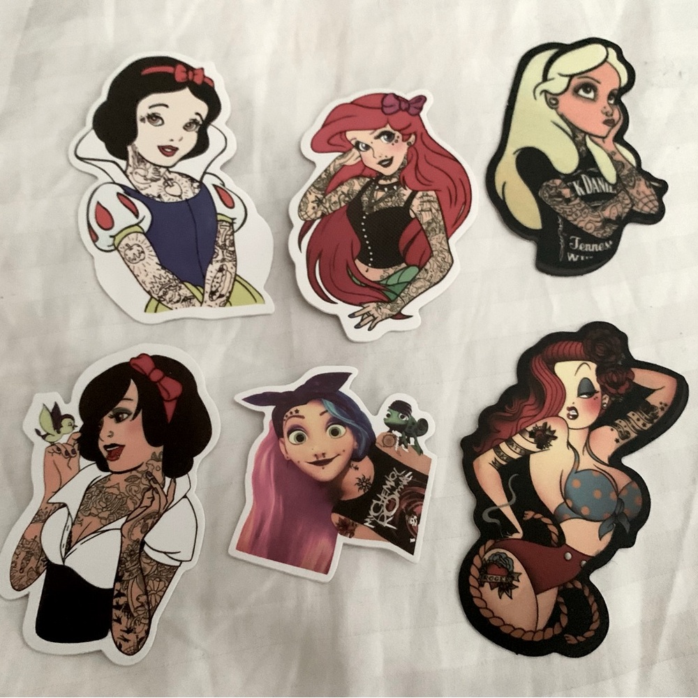 FREE w/$30+ purchase - 6 piece sticker set - tattooed cartoon/Disney princess’